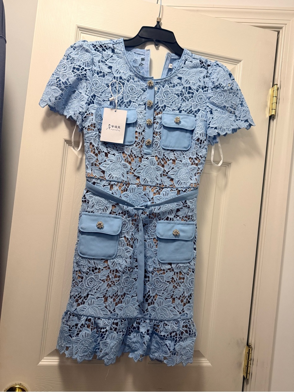 Light Blue Lace Pocket Dress with Belt